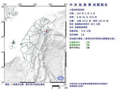 宜蘭淺層地震震撼清晨 最大震度3級襲擊花蓮、宜蘭