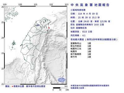 宜蘭近海晚間驚動地震 規模4.1影響多縣市