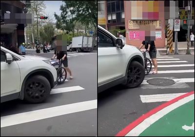 北投驚險對峙！婦推輪椅頂轎車，駕駛踩油門逼退引網友嘆：輸一半了