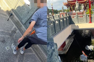 高雄蓮池潭驚現少年廟內釣錦鯉 網友怒轟素質低劣
